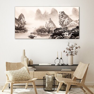 A peaceful mountain landscape in monochrome Wall art on glass