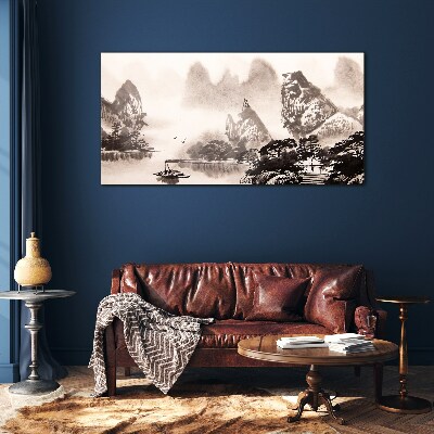 A peaceful mountain landscape in monochrome Wall art on glass
