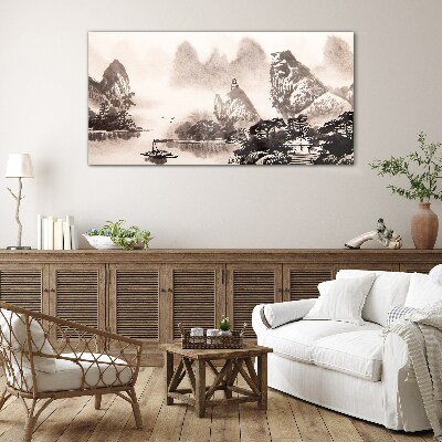 A peaceful mountain landscape in monochrome Wall art on glass