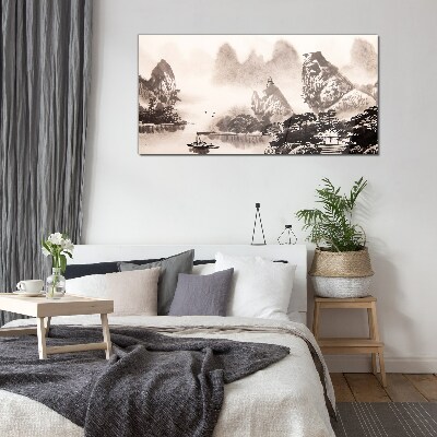A peaceful mountain landscape in monochrome Wall art on glass