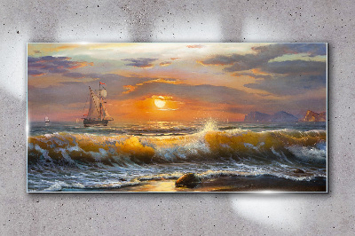 Waves coast sunset Glass Wall Art