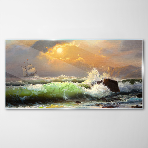 Stormy sea with a sailing ship Glass art print