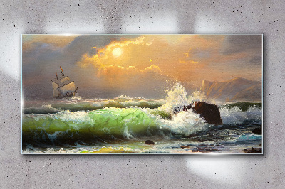 Stormy sea with a sailing ship Glass art print