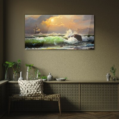 Stormy sea with a sailing ship Glass art print