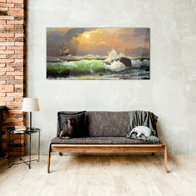 Stormy sea with a sailing ship Glass art print