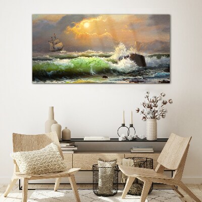 Stormy sea with a sailing ship Glass art print
