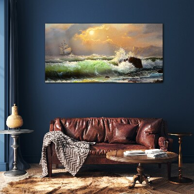 Stormy sea with a sailing ship Glass art print