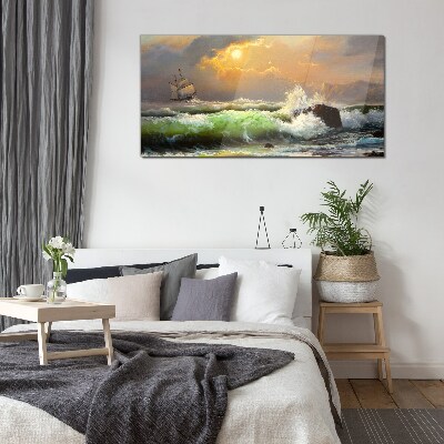 Stormy sea with a sailing ship Glass art print