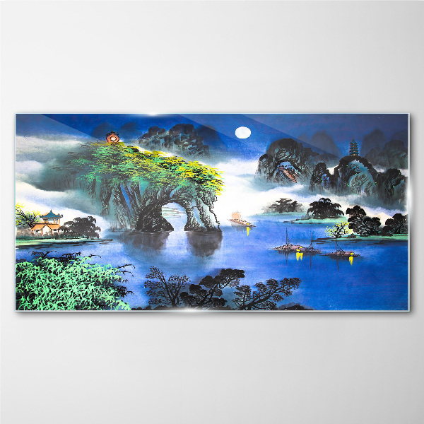 A peaceful night landscape with mountains Glass art print