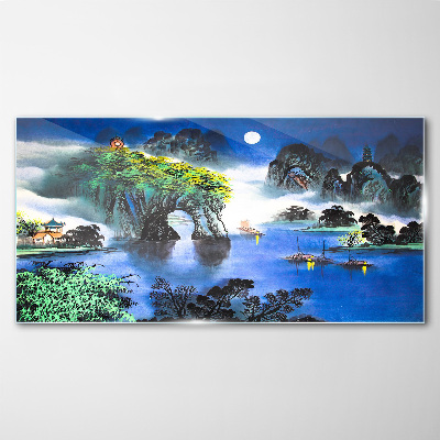 A peaceful night landscape with mountains Glass art print