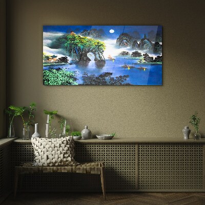 A peaceful night landscape with mountains Glass art print