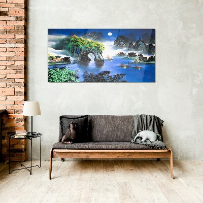 A peaceful night landscape with mountains Glass art print
