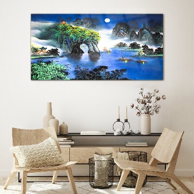 A peaceful night landscape with mountains Glass art print
