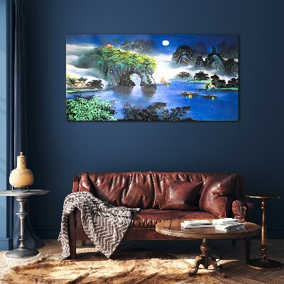 A peaceful night landscape with mountains Glass art print
