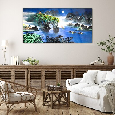 A peaceful night landscape with mountains Glass art print
