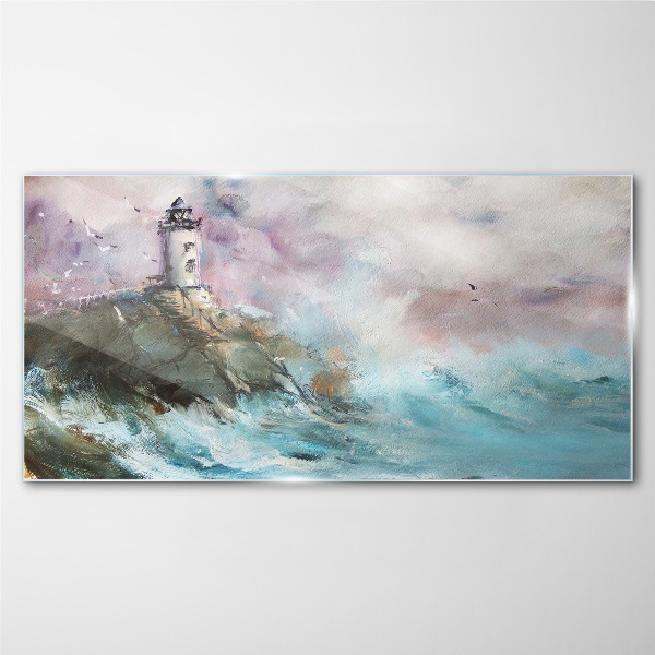 A lighthouse in a stormy landscape Wall art on glass