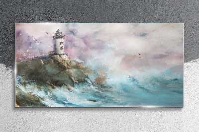 A lighthouse in a stormy landscape Wall art on glass