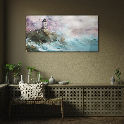 A lighthouse in a stormy landscape Wall art on glass