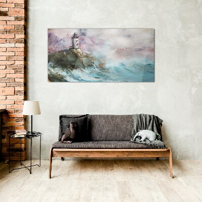 A lighthouse in a stormy landscape Wall art on glass