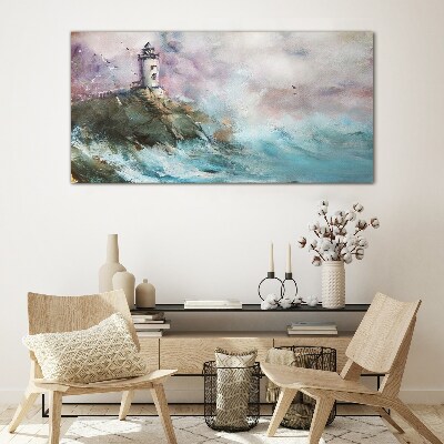 A lighthouse in a stormy landscape Wall art on glass