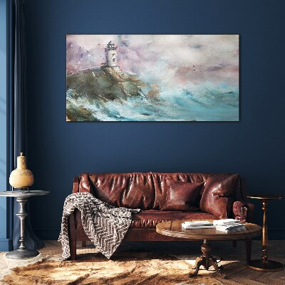 A lighthouse in a stormy landscape Wall art on glass