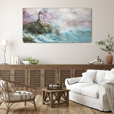 A lighthouse in a stormy landscape Wall art on glass