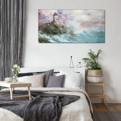 A lighthouse in a stormy landscape Wall art on glass