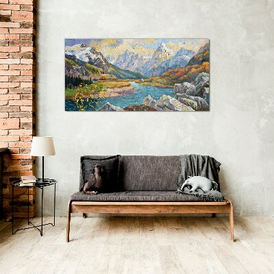 Mountain landscape with a river Glass art print