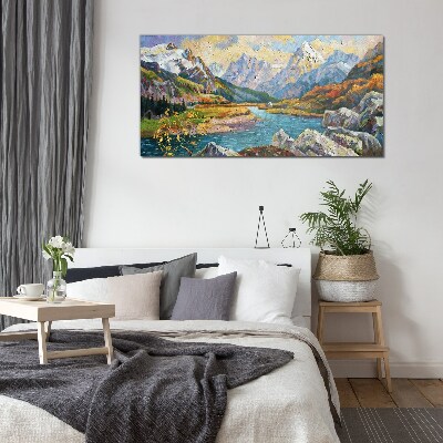 Mountain landscape with a river Glass art print