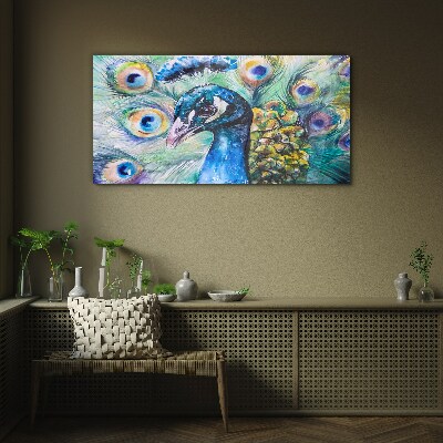 Colorful peacock among feathers Glass art print