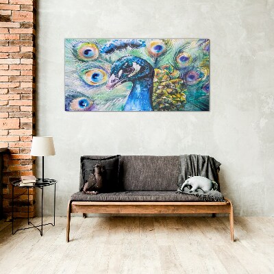Colorful peacock among feathers Glass art print