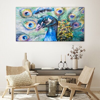 Colorful peacock among feathers Glass art print