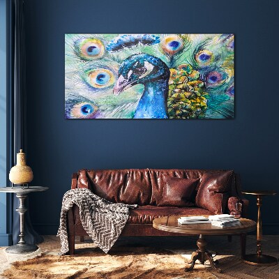 Colorful peacock among feathers Glass art print