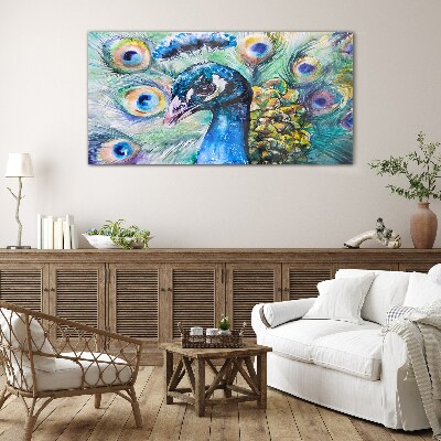 Colorful peacock among feathers Glass art print