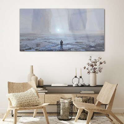 Wandering alone in a misty space Glass art print