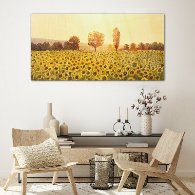 Sunflower field in the setting sun Wall art on glass