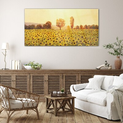 Sunflower field in the setting sun Wall art on glass