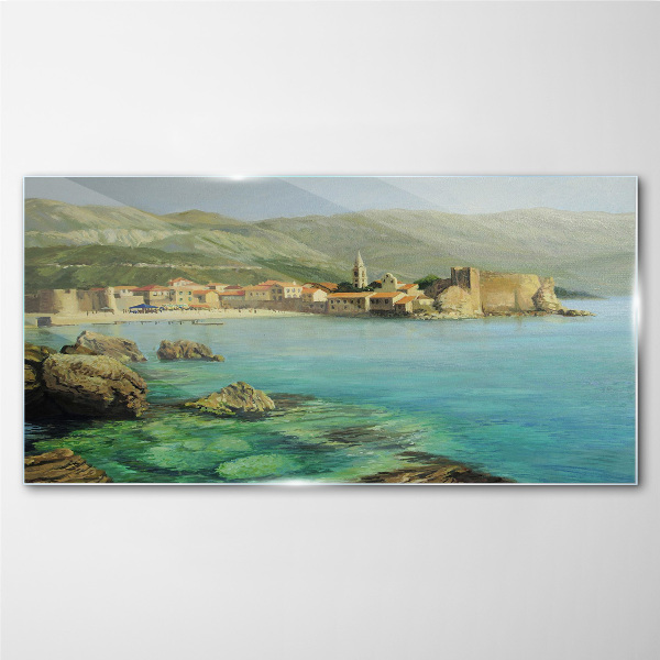 Seaside landscape with mountain hills Glass art print