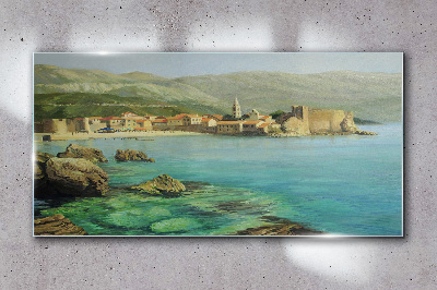 Seaside landscape with mountain hills Glass art print