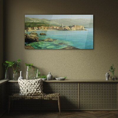 Seaside landscape with mountain hills Glass art print