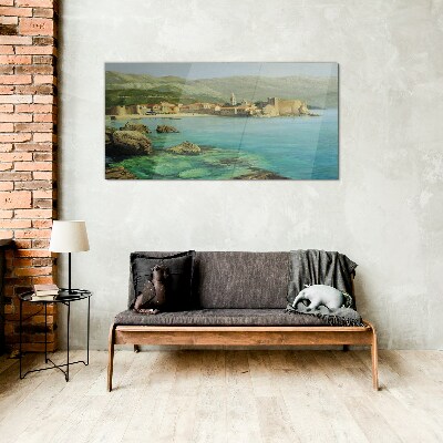 Seaside landscape with mountain hills Glass art print