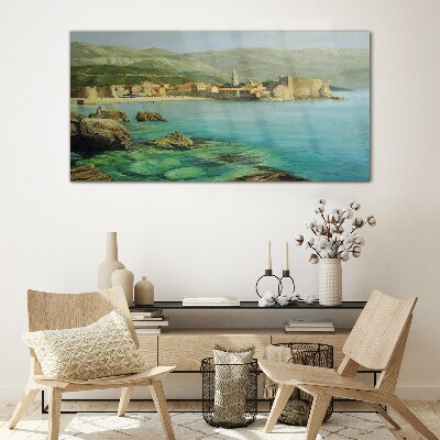 Seaside landscape with mountain hills Glass art print