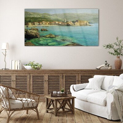 Seaside landscape with mountain hills Glass art print