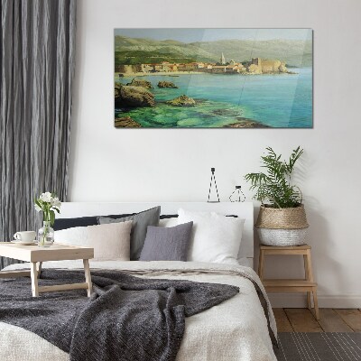 Seaside landscape with mountain hills Glass art print