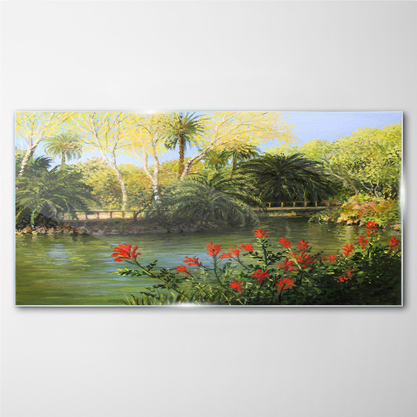 Tropical landscape with a river Glass art print