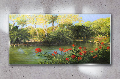 Tropical landscape with a river Glass art print