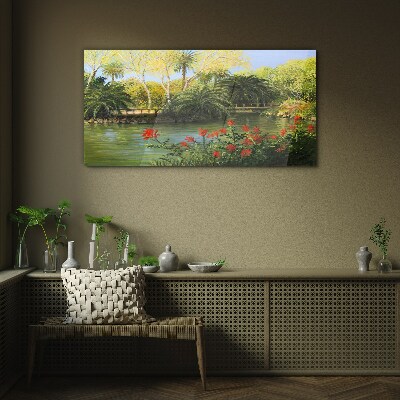 Tropical landscape with a river Glass art print
