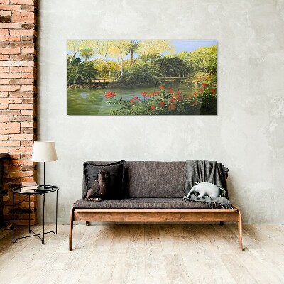 Tropical landscape with a river Glass art print