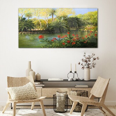 Tropical landscape with a river Glass art print