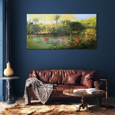 Tropical landscape with a river Glass art print